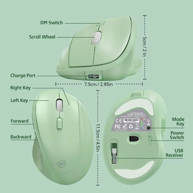 Alt view image 4 of 7 - Micropack Ergonomic Vertical Wireless Bluetooth Mouse for Laptop MacBook PC Rechargeable Silent Click 3-Mode Multi-Device 2.4G Adjustable DPI Compatible with Windows Android iOS MacOS Green
