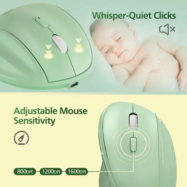 Alt view image 6 of 7 - Micropack Ergonomic Vertical Wireless Bluetooth Mouse for Laptop MacBook PC Rechargeable Silent Click 3-Mode Multi-Device 2.4G Adjustable DPI Compatible with Windows Android iOS MacOS Green