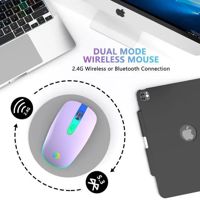 Alt view image 2 of 7 - FUWANG Rechargeable Wireless Bluetooth Mouse, 2.4G USB Optical Input Mouse, Portable, Compatible with Laptop, PC, Mac OS, Windows, Adjustable DPI (Light Purple)