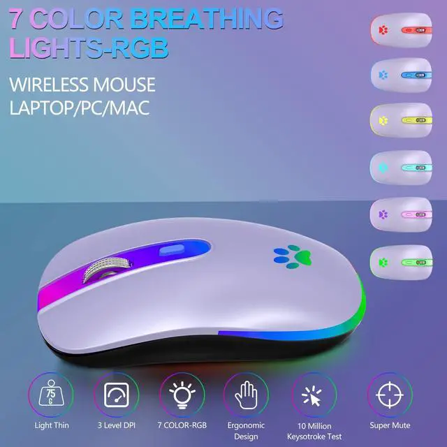 Alt view image 3 of 7 - FUWANG Rechargeable Wireless Bluetooth Mouse, 2.4G USB Optical Input Mouse, Portable, Compatible with Laptop, PC, Mac OS, Windows, Adjustable DPI (Light Purple)