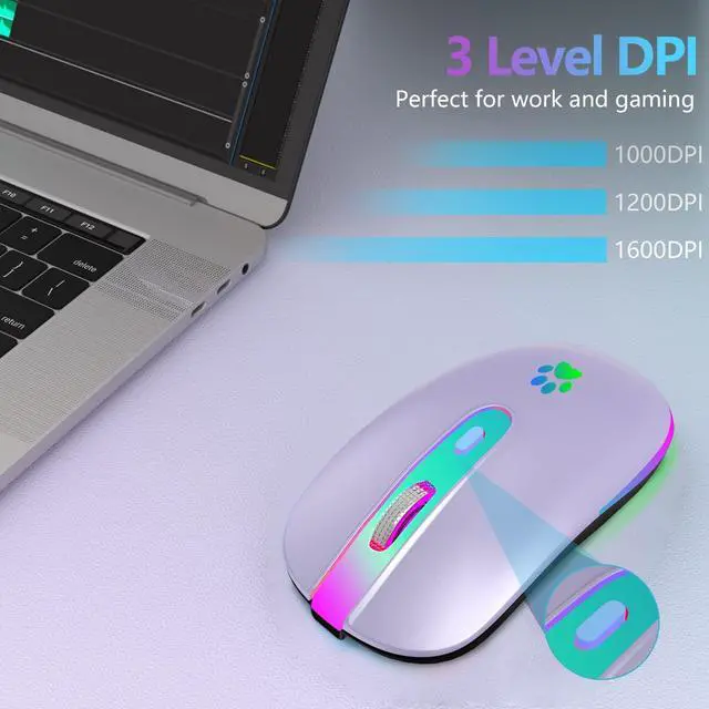 Alt view image 4 of 7 - FUWANG Rechargeable Wireless Bluetooth Mouse, 2.4G USB Optical Input Mouse, Portable, Compatible with Laptop, PC, Mac OS, Windows, Adjustable DPI (Light Purple)