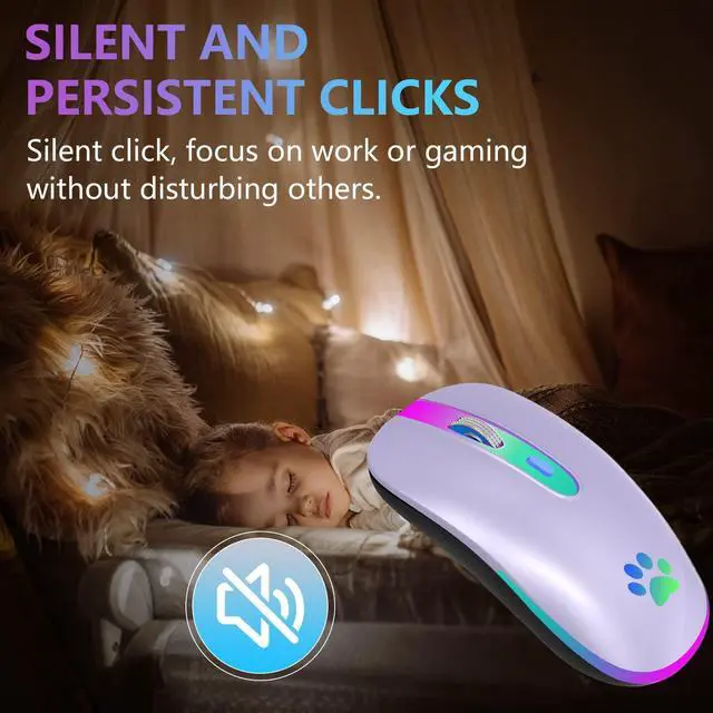 Alt view image 5 of 7 - FUWANG Rechargeable Wireless Bluetooth Mouse, 2.4G USB Optical Input Mouse, Portable, Compatible with Laptop, PC, Mac OS, Windows, Adjustable DPI (Light Purple)