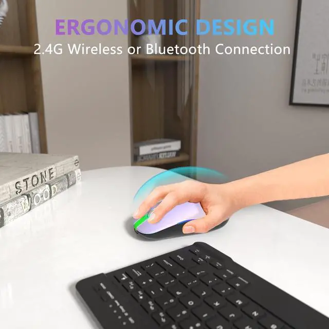 Alt view image 6 of 7 - FUWANG Rechargeable Wireless Bluetooth Mouse, 2.4G USB Optical Input Mouse, Portable, Compatible with Laptop, PC, Mac OS, Windows, Adjustable DPI (Light Purple)