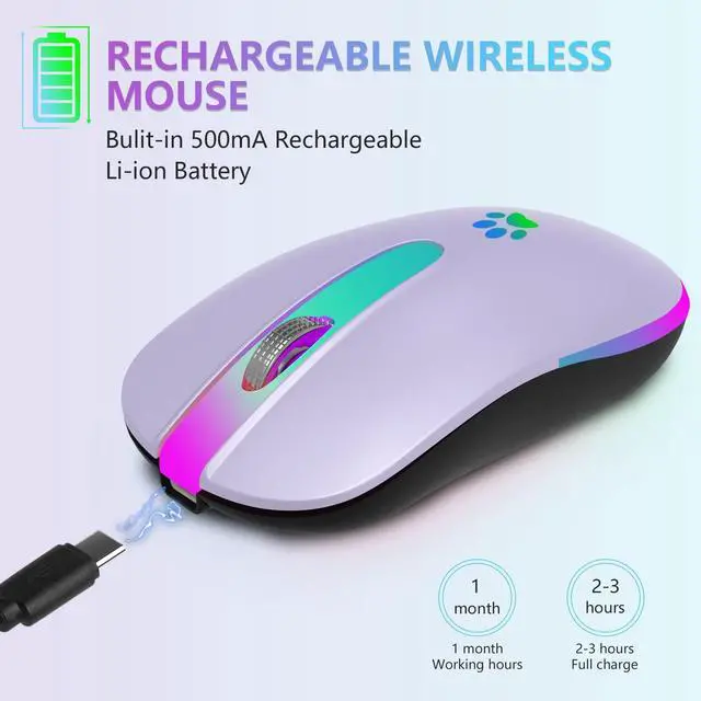 Alt view image 7 of 7 - FUWANG Rechargeable Wireless Bluetooth Mouse, 2.4G USB Optical Input Mouse, Portable, Compatible with Laptop, PC, Mac OS, Windows, Adjustable DPI (Light Purple)