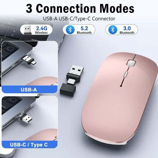 Alt view image 4 of 7 - FYBC Wireless Mouse Jiggler - Bluetooth Rechargeable Computer Mouse with Undetectable Jiggler Mice Mover, Silent Click Slim Optical USB C Mouse for iPad Pro MacBook Air/Pro Mac Laptop PC - Rose Pink