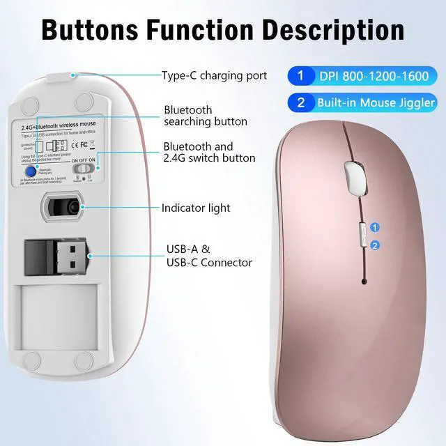 Alt view image 6 of 7 - FYBC Wireless Mouse Jiggler - Bluetooth Rechargeable Computer Mouse with Undetectable Jiggler Mice Mover, Silent Click Slim Optical USB C Mouse for iPad Pro MacBook Air/Pro Mac Laptop PC - Rose Pink