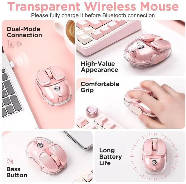 Alt view image 2 of 7 - MIKIBY Q9 Wireless Computer Mouse, 2.4GHz/Bluetooth Mouse, Ergonomic Optical Mouse with RGB Lighting,Silent Clicks,4800 DPI, 4 Adjustment Levels,Compatible with PC, Mac, Laptop(Pink)