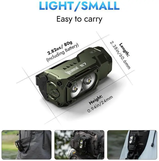Alt view image 6 of 7 - WUBEN E7 1800 Lumen Rechargeable Mini Flashlight with Magnet - Super Bright 6 Modes ArmyGreen EDC Flashlight, Typ-C Rechargeable LED; IP68 Pocket Flashlight for Headlamp Use, Rescue, Camping