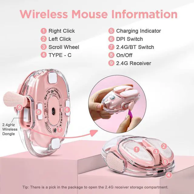 Alt view image 6 of 7 - MIKIBY Q9 Wireless Computer Mouse, 2.4GHz/Bluetooth Mouse, Ergonomic Optical Mouse with RGB Lighting,Silent Clicks,4800 DPI, 4 Adjustment Levels,Compatible with PC, Mac, Laptop(Pink)