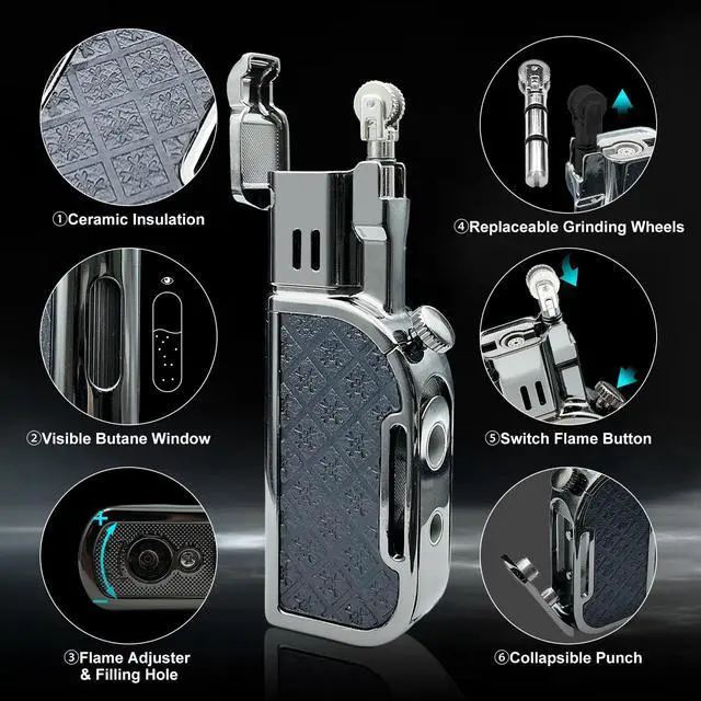Alt view image 2 of 7 - Butane Torch Lighter,Soft/Jet Dual Switchable Windproof Adjustable Flame,Refillable Grinding Wheel Cool Lighter with Punch,Mens Gift(Butane Not Included)