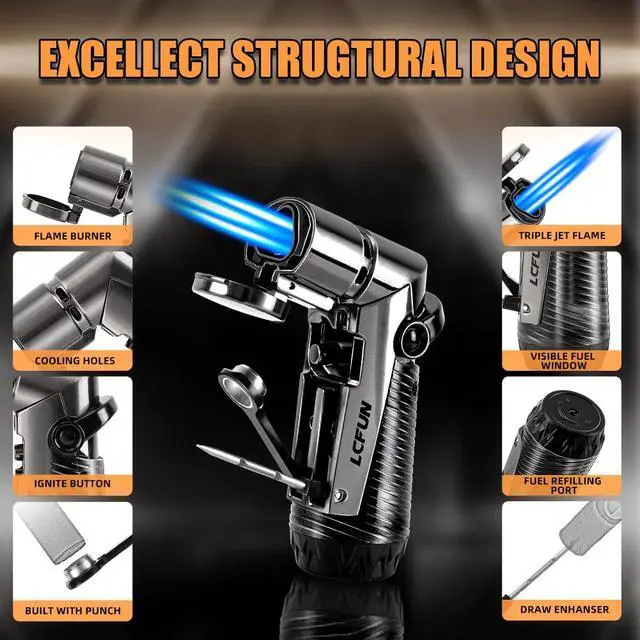 Alt view image 2 of 6 - LcFun Torch Lighter Windproof Refillable Triple Jet Flame Butane Lighter with Punch and Draw Enhancer, Camping Hunting Gear Gifts for Men -BUTANE NOT INCLUDED
