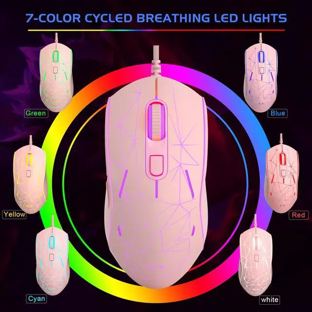 Alt view image 2 of 7 - MageGee G6 Wired Gaming Mouse, Ergonomic USB Optical Mouse with 7 Colors Breathing LED Backlit, 6 Adjustable Speed Levels from 600 to 3200 for Laptop PC Computer Games & Work, Pink
