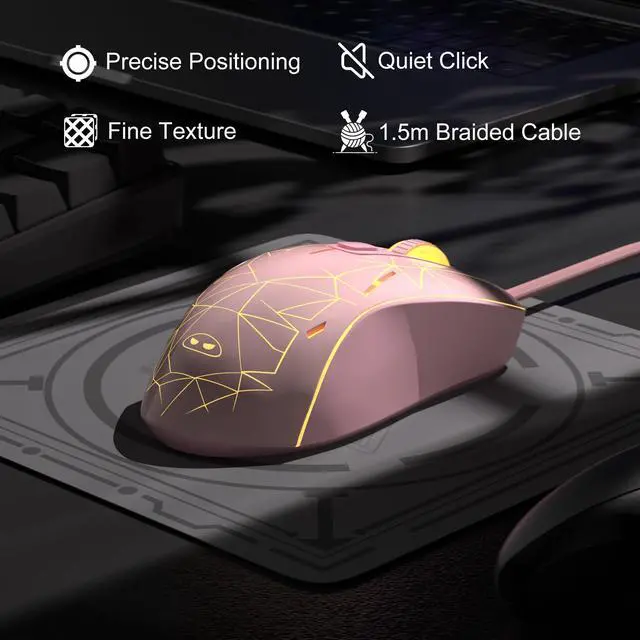 Alt view image 3 of 7 - MageGee G6 Wired Gaming Mouse, Ergonomic USB Optical Mouse with 7 Colors Breathing LED Backlit, 6 Adjustable Speed Levels from 600 to 3200 for Laptop PC Computer Games & Work, Pink