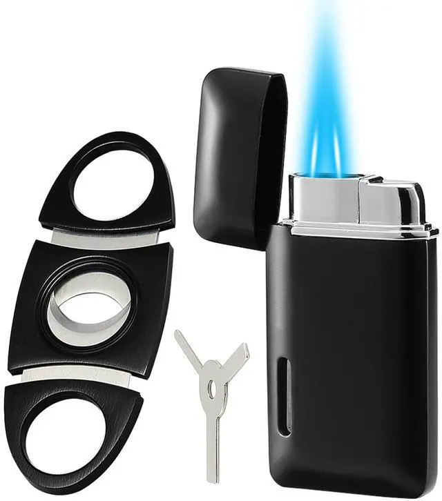 Main image of Bbsisgo and Lighter Set, Double Jet Flame Butane Torch Lighter with Adjustment Flame Tools, Refillable Windproof Gas Lighter. Gifts for Men. Black(Sold Without Gas)
