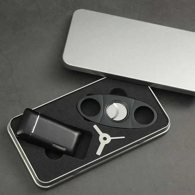 Alt view image 3 of 6 - Bbsisgo and Lighter Set, Double Jet Flame Butane Torch Lighter with Adjustment Flame Tools, Refillable Windproof Gas Lighter. Gifts for Men. Black(Sold Without Gas)