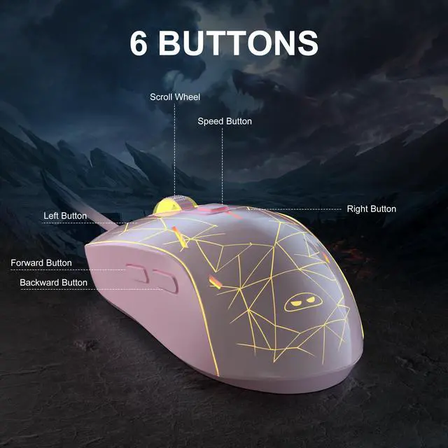 Alt view image 4 of 7 - MageGee G6 Wired Gaming Mouse, Ergonomic USB Optical Mouse with 7 Colors Breathing LED Backlit, 6 Adjustable Speed Levels from 600 to 3200 for Laptop PC Computer Games & Work, Pink
