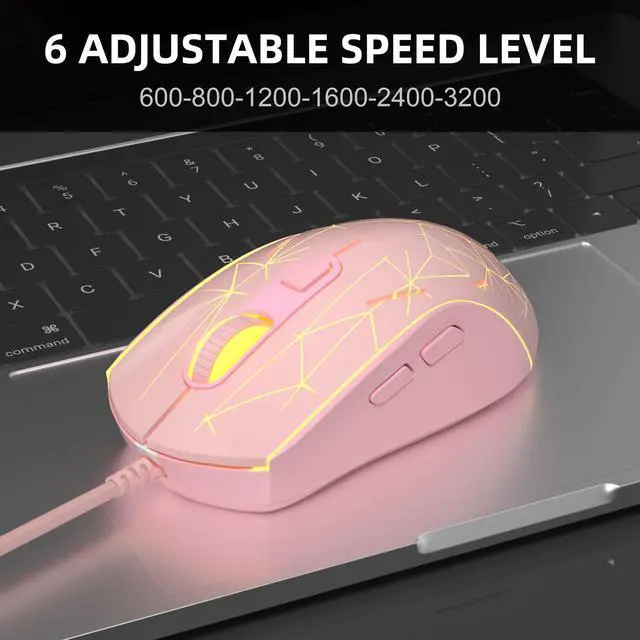 Alt view image 5 of 7 - MageGee G6 Wired Gaming Mouse, Ergonomic USB Optical Mouse with 7 Colors Breathing LED Backlit, 6 Adjustable Speed Levels from 600 to 3200 for Laptop PC Computer Games & Work, Pink