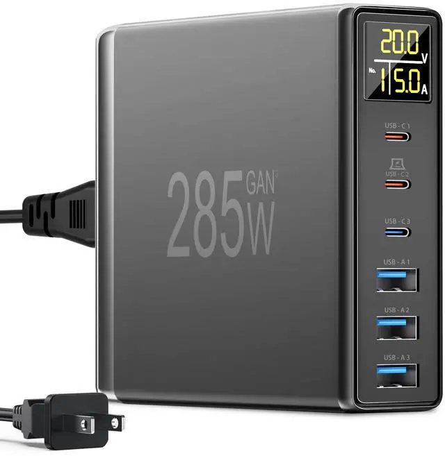 Main image of 285W USB C Charger Block, YSYFAD 6 Ports Multiple USB Charging Station with Digital LCD Dispaly GaN Fast 100W USBC Charger for MacBook Laptops Multiport USBA Charger for i Pad i Phone Samsung, Black