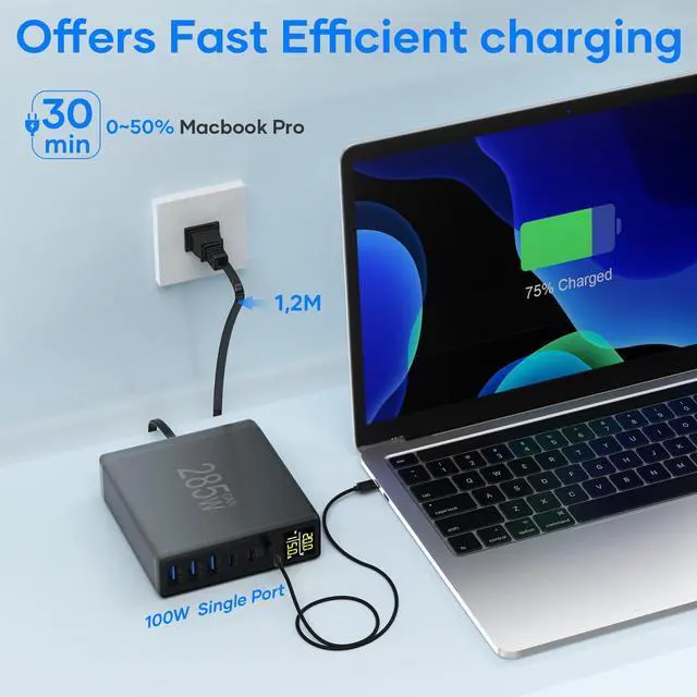 Alt view image 4 of 7 - 285W USB C Charger Block, YSYFAD 6 Ports Multiple USB Charging Station with Digital LCD Dispaly GaN Fast 100W USBC Charger for MacBook Laptops Multiport USBA Charger for i Pad i Phone Samsung, Black
