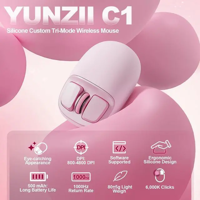Alt view image 2 of 7 - YUNZll C1 Silicone Wireless Mouse, Tri-Mode 2.4G/USB-C/Bluetooth Mouse, 4800 DPl Optical Tracking, 6 Adjustment Levels,Customize Mice for Laptop, Computer, iPad, MacBook (Pink)