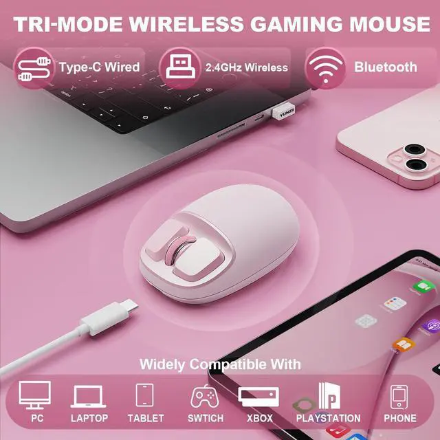Alt view image 3 of 7 - YUNZll C1 Silicone Wireless Mouse, Tri-Mode 2.4G/USB-C/Bluetooth Mouse, 4800 DPl Optical Tracking, 6 Adjustment Levels,Customize Mice for Laptop, Computer, iPad, MacBook (Pink)