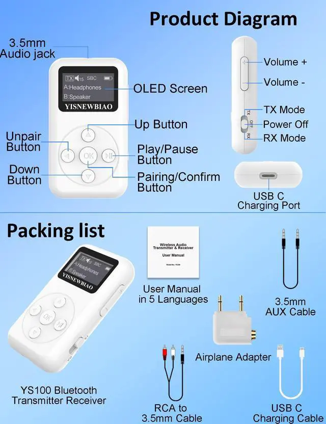 Alt view image 7 of 7 - YISNEWBIAO Bluetooth Transmitter Receiver for TV with OLED Display, AptX Low Latency Airplane Bluetooth Adapter for Headphones Airpods, RCA 3.5mm Audio Jack Wireless Adapter for TV
