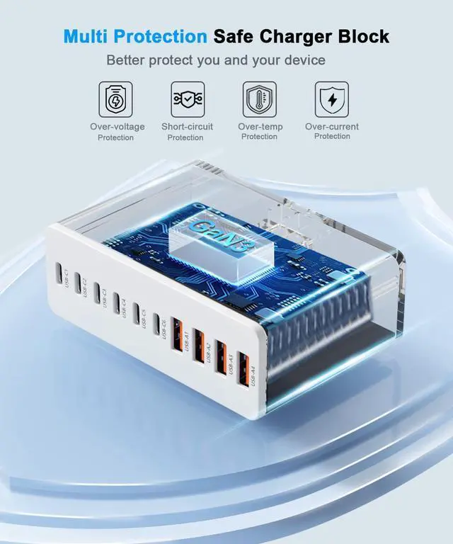 Alt view image 5 of 7 - USB C Charging Station 10 Port with 4 USB Cables, 200W GaN Type C Charger Block, Wall Charger Power Strip Adapter Plug for iPad iPhone17 16 15 14 13 12 Pro Max Pixel Note Galaxy