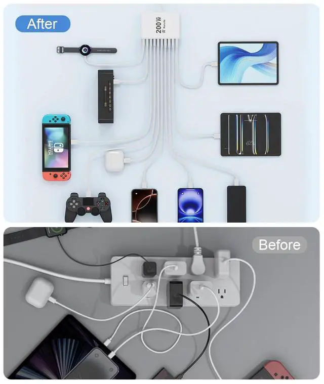 Alt view image 6 of 7 - USB C Charging Station 10 Port with 4 USB Cables, 200W GaN Type C Charger Block, Wall Charger Power Strip Adapter Plug for iPad iPhone17 16 15 14 13 12 Pro Max Pixel Note Galaxy