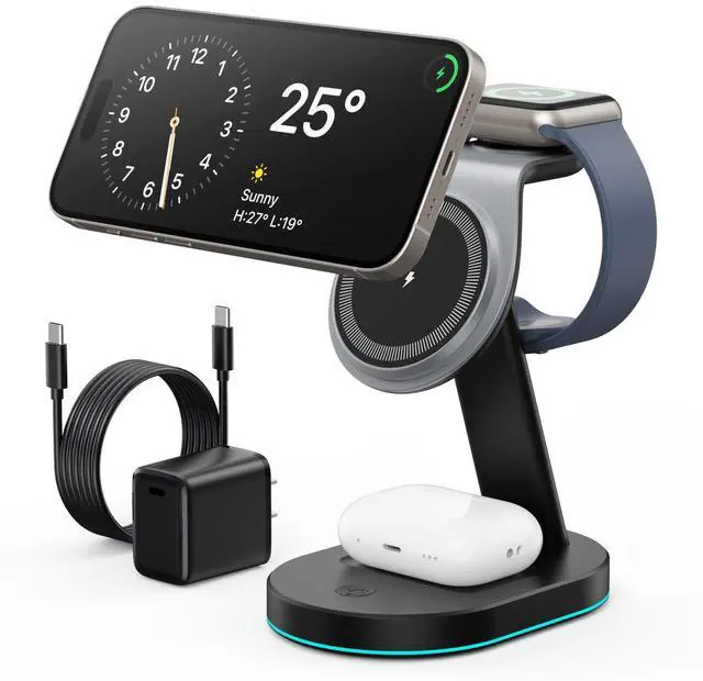 Main image of 3 in 1 Wireless Charger Charging Station for iPhone,Qi2 Certified 15W Magnetic Charging Stand for Mag-Safe with 30W USB C Adapter&Friendly Night Light for iPhone 17/16/15/14/13/12,Apple Watch,AirPods