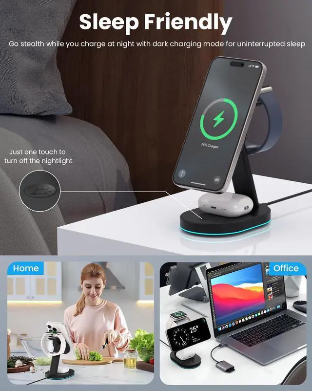Alt view image 5 of 7 - 3 in 1 Wireless Charger Charging Station for iPhone,Qi2 Certified 15W Magnetic Charging Stand for Mag-Safe with 30W USB C Adapter&Friendly Night Light for iPhone 17/16/15/14/13/12,Apple Watch,AirPods