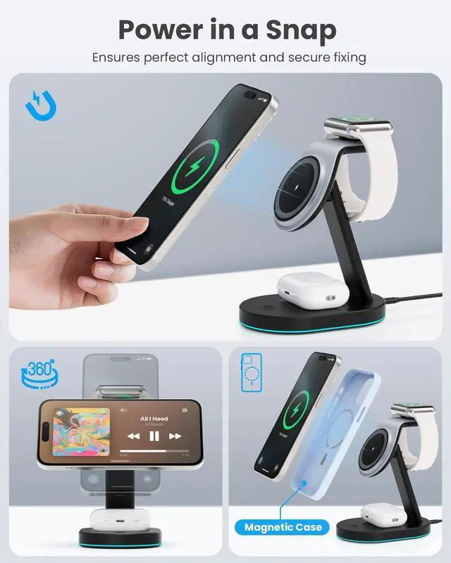 Alt view image 6 of 7 - 3 in 1 Wireless Charger Charging Station for iPhone,Qi2 Certified 15W Magnetic Charging Stand for Mag-Safe with 30W USB C Adapter&Friendly Night Light for iPhone 17/16/15/14/13/12,Apple Watch,AirPods