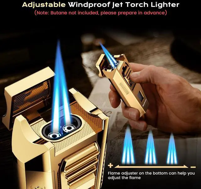 Alt view image 3 of 7 - All-in-one Torch Lighter with Punch, Holder, Draw Enhancer Tool, Dual Windproof Jet Flames, Cool Torch Lighters Accessories, Refillable Butane Torch Lighter with Gift Box for Men