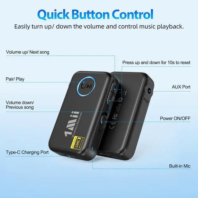 Alt view image 4 of 7 - 1Mii LDAC Bluetooth Aux Adapter for Car, Wireless Bluetooth 5.3 Receiver with Volume Control, 10H Battery Life, Hands Free Calls, Use in Car/Home Stereo/Wired Headphones/Speaker