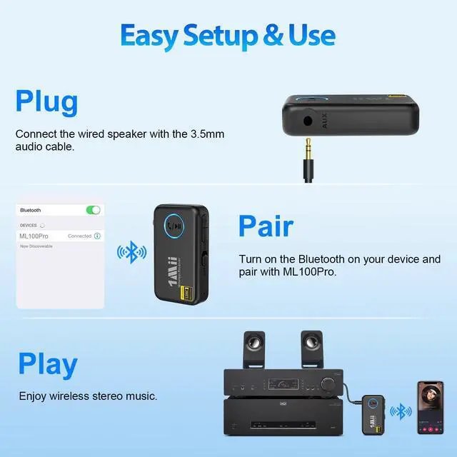 Alt view image 6 of 7 - 1Mii LDAC Bluetooth Aux Adapter for Car, Wireless Bluetooth 5.3 Receiver with Volume Control, 10H Battery Life, Hands Free Calls, Use in Car/Home Stereo/Wired Headphones/Speaker