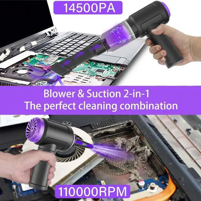 Alt view image 2 of 7 - Meudeen 14500 Pa Computer Vacuum Cleaner Mini & 110000RPM Compressed Air Duster for Keyboard Cleaning Cordless Canned Air Powerful Energy Efficient