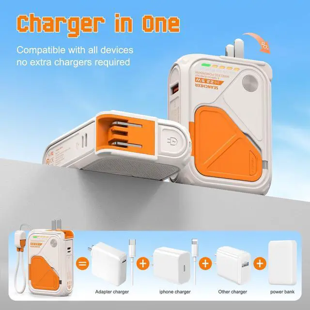 Alt view image 2 of 7 - SEANCHEER P05 Portable Charger, Magnetic Power Bank, Small Wireless PowerBank, Battery Pack10000mAh Travel Essentials Fast Charging with Built in Cable, Foldable Wall Plug for iPhone,Samsung,Andriod