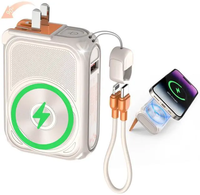 Main image of SEANCHEER P05 Portable Charger, Magnetic Power Bank, Small Wireless PowerBank, Battery Pack10000mAh Travel Essentials Fast Charging with Built in Cable, Foldable Wall Plug for iPhone,Samsung,Andriod