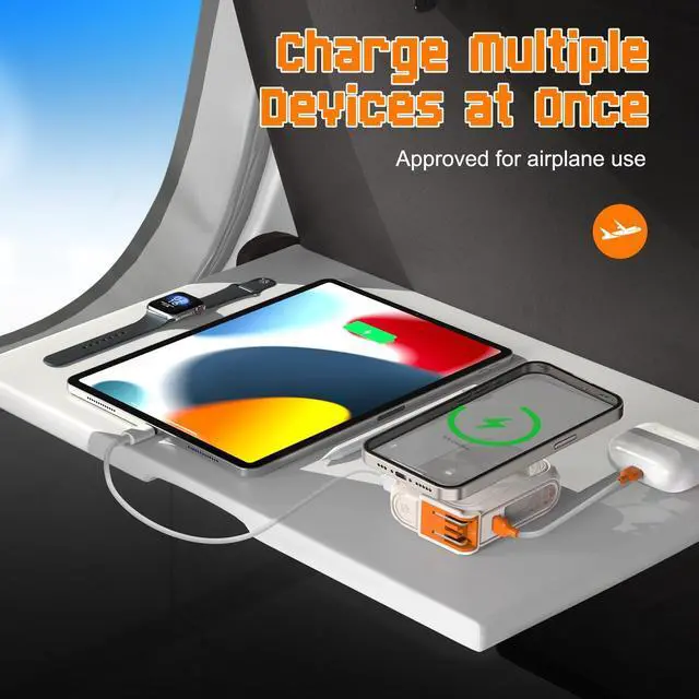 Alt view image 6 of 7 - SEANCHEER P05 Portable Charger, Magnetic Power Bank, Small Wireless PowerBank, Battery Pack10000mAh Travel Essentials Fast Charging with Built in Cable, Foldable Wall Plug for iPhone,Samsung,Andriod