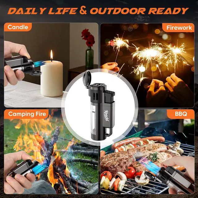 Alt view image 5 of 7 - Torch Lighter, Refillable Windproof Adjustable Quad Jet Flame Butane Lighter for Candle Grill BBQ Camping Fireworks, 2 Pack (No Fuel Included)
