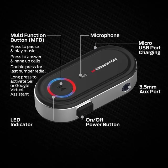 Alt view image 2 of 7 - Monster Bluetooth Audio Receiver, Aux Bluetooth Adapter with 3.5mm Jack, Hands-Free Calls, Siri & Google Voice Compatible, for Home Stereo, Headphones & Car Connectivity