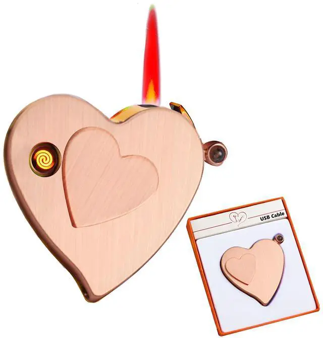 Main image of Creative Love Jet Flame Torch Lighter - Electric, Windproof, USB Rechargeable, Refillable Butane, 2 in 1 for Outdoor & Indoor Gifts (Rose Gold)