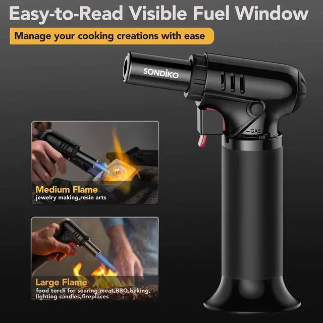 Alt view image 2 of 7 - Sondiko Butane Torch Lighter with Visible Fuel Window, Refillable Soldering Torch with Adjustable Flame for Welding, Resin Art, Industrial(Butane Gas Not Included)