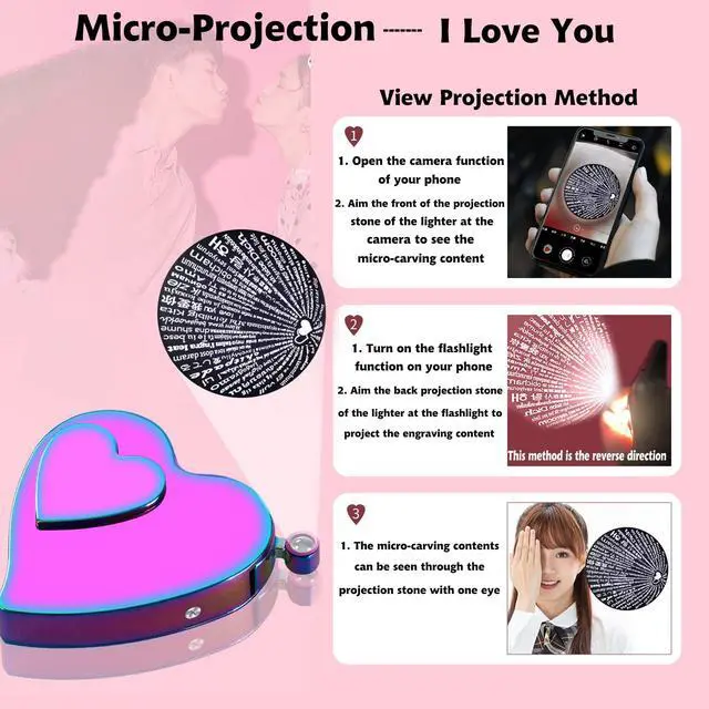 Alt view image 5 of 7 - Creative Love Jet Flame Torch Lighter - Electric, Windproof, USB Rechargeable, Refillable Butane, 2 in 1 for Outdoor & Indoor Gifts (Rose Gold)