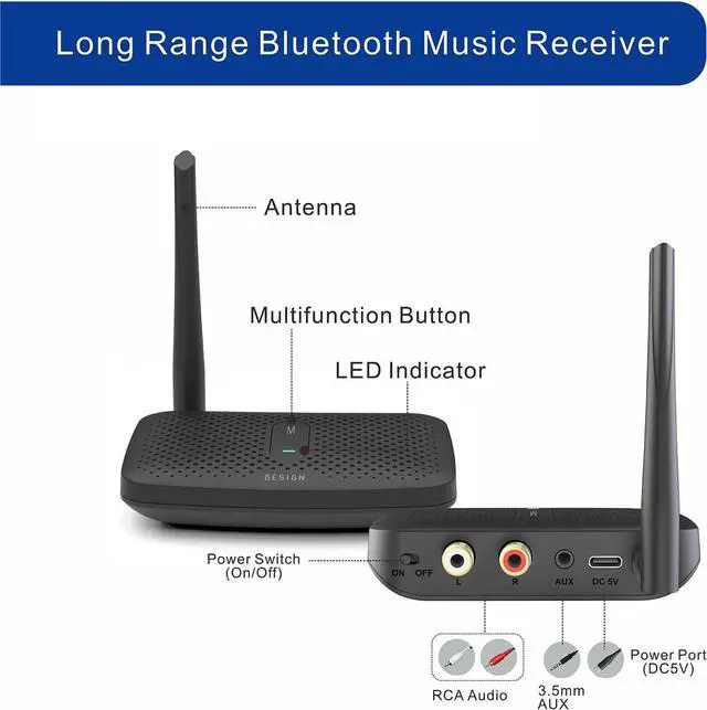 Alt view image 2 of 7 - Besign BE-RCA Pro Long Range Bluetooth Adapter for Bluetooth Music Streaming, Black