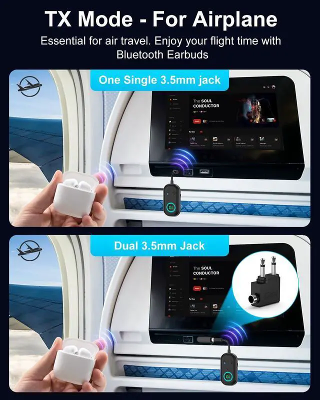 Alt view image 2 of 7 - Bomivoi Bluetooth 5.3 Transmitter Receiver, Airplane Bluetooth Adapter for 2 Headphones, Wireless Audio Adapter for Car, Hand-Free Call, Max 16H, 3.5MM AUX Jack on Travel Flight, TV, Car Stereo, Gym