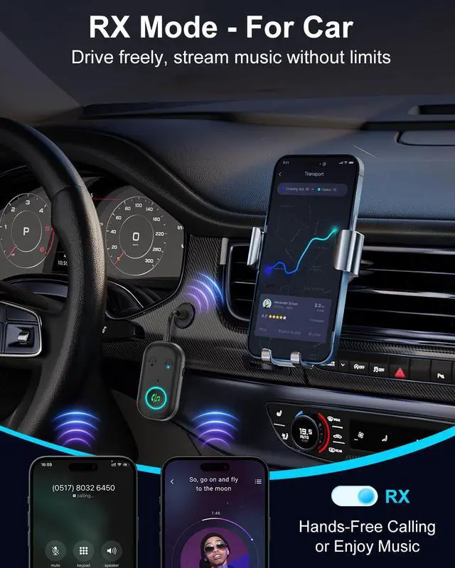 Alt view image 3 of 7 - Bomivoi Bluetooth 5.3 Transmitter Receiver, Airplane Bluetooth Adapter for 2 Headphones, Wireless Audio Adapter for Car, Hand-Free Call, Max 16H, 3.5MM AUX Jack on Travel Flight, TV, Car Stereo, Gym