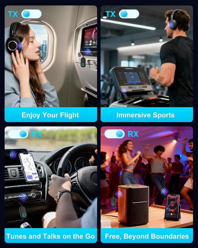 Alt view image 6 of 7 - Bomivoi Bluetooth 5.3 Transmitter Receiver, Airplane Bluetooth Adapter for 2 Headphones, Wireless Audio Adapter for Car, Hand-Free Call, Max 16H, 3.5MM AUX Jack on Travel Flight, TV, Car Stereo, Gym