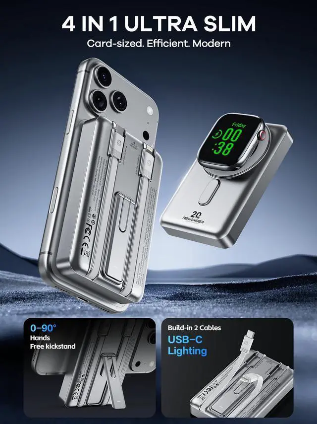 Alt view image 2 of 7 - REWONDER Magnetic Portable Charger, 10000mAh PD 20W Portable Charger Power Bank with Built-in 2 Cables, Travel Essential Magsafe Battery Pack for iPhone 17/16/15/14/13/12 & Apple Watch Ultra/11/10/9