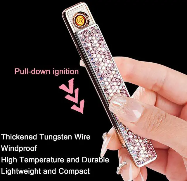 Alt view image 2 of 7 - Electric Lighter, Windproof Flameless Bling Lighters - Type-C Rechargeable, Pull-Out Ignition with Thickened Tungsten, Rhinestone Decorative Design, Gift for Women & Girls (Pink)