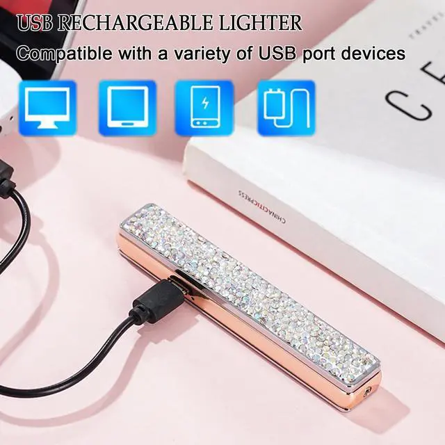 Alt view image 3 of 7 - Electric Lighter, Windproof Flameless Bling Lighters - Type-C Rechargeable, Pull-Out Ignition with Thickened Tungsten, Rhinestone Decorative Design, Gift for Women & Girls (Pink)